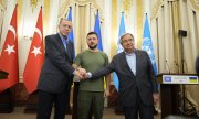 Erdoğan (left), Zelensky and Guterres in Lviv, western Ukraine, on 18 August 2022. (© picture alliance/ASSOCIATED PRESS/Evgeniy Maloletka)